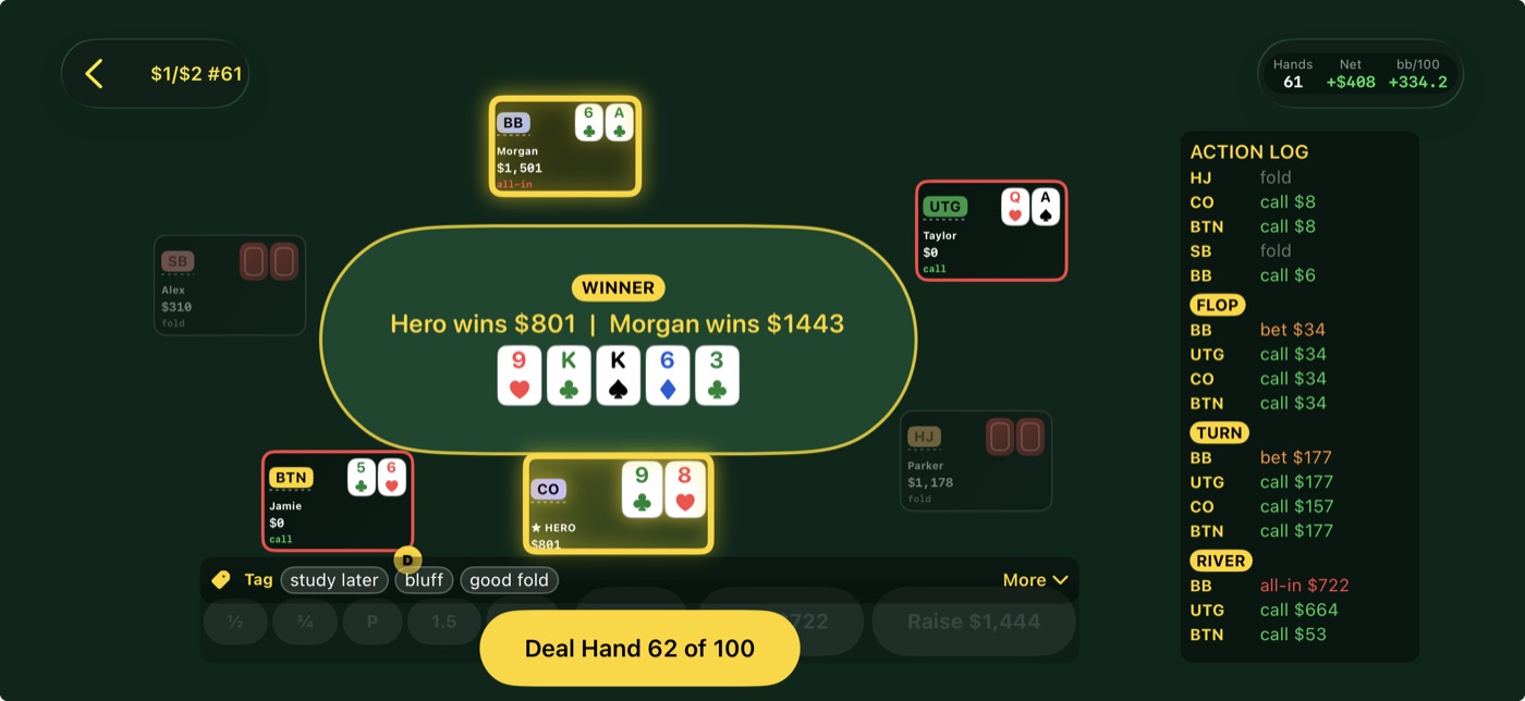 Reviewing a competition hand in Poker Paw with the full action log