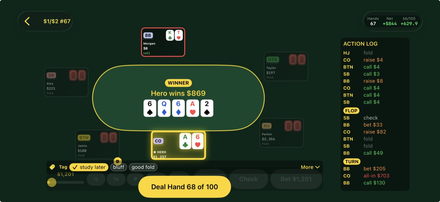 A Poker Paw hand at showdown — a full table with the action log